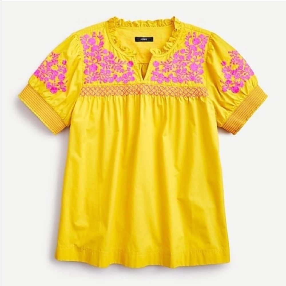 J.Crew Yellow Hot Pink Embroidered Puff Sleeve Top
